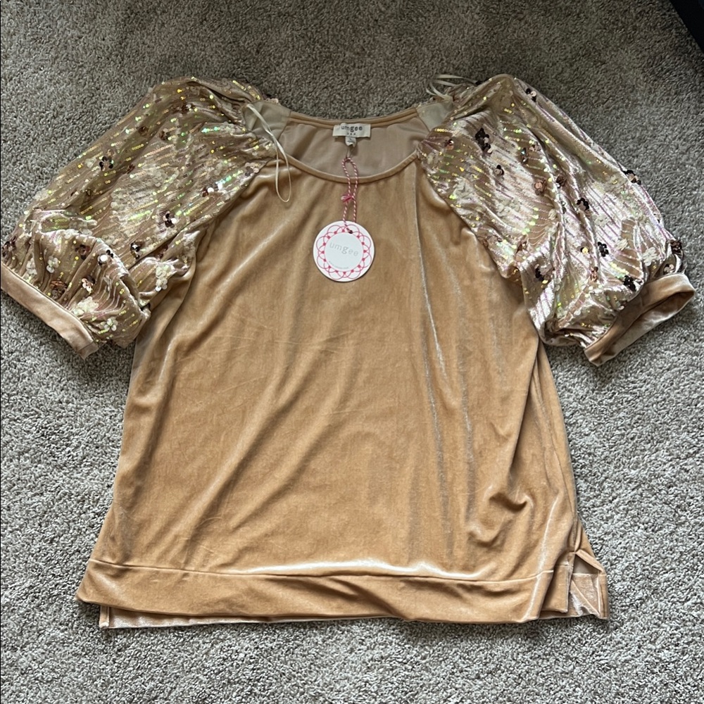 Umgee Gold Velour Top with Sequin Puff Sleeves